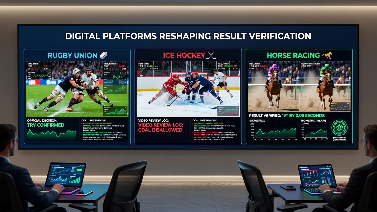 Horse racing stewards reviewing digital verification outputs on tablets during a meet while ice hockey and rugby data streams appear on adjacent monitors