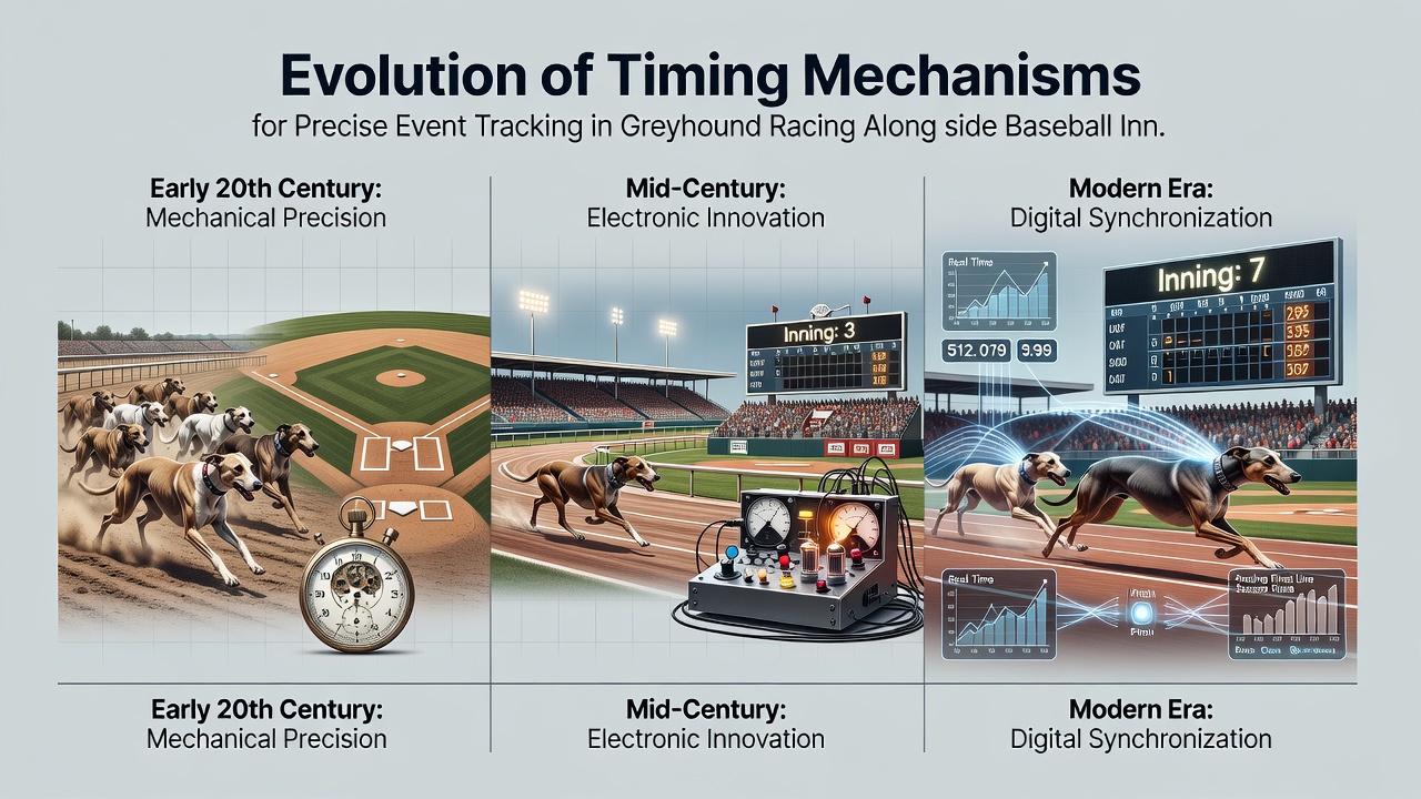 Modern electronic timing console displaying real-time data from greyhound races paired with a baseball pitch clock interface
