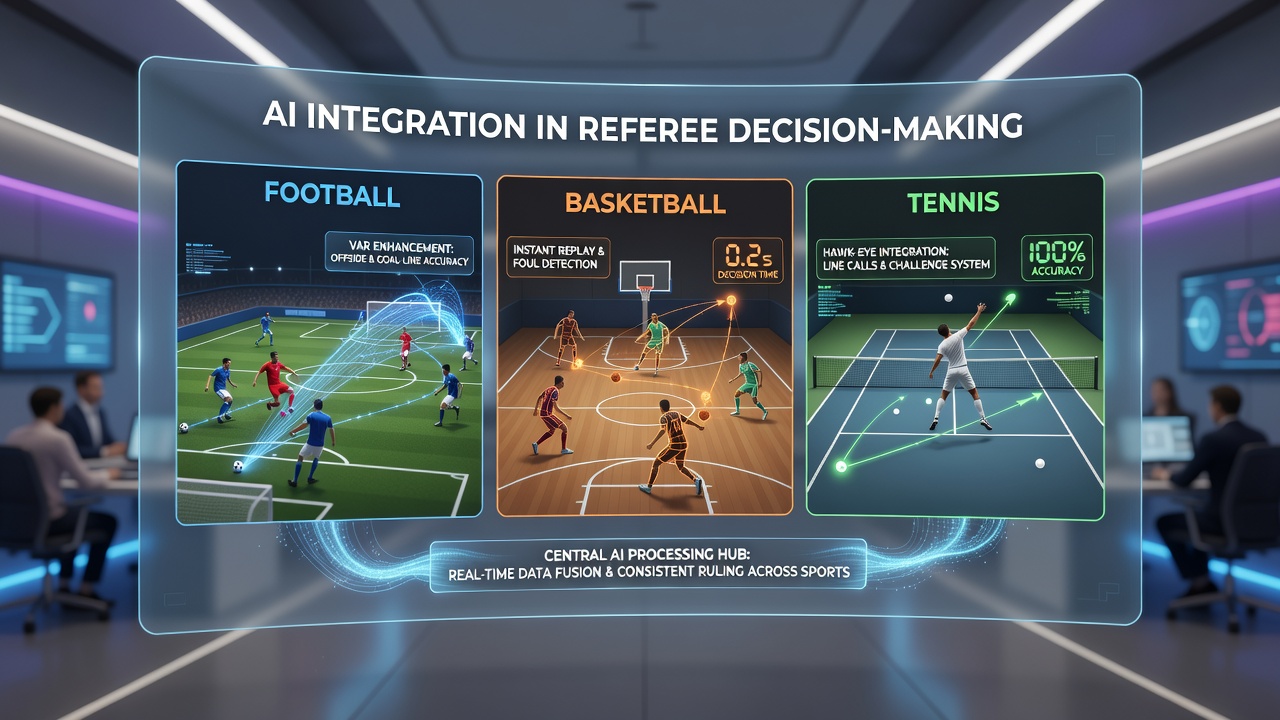 Tennis umpire consulting AI line-call system on court with Hawk-Eye visualization